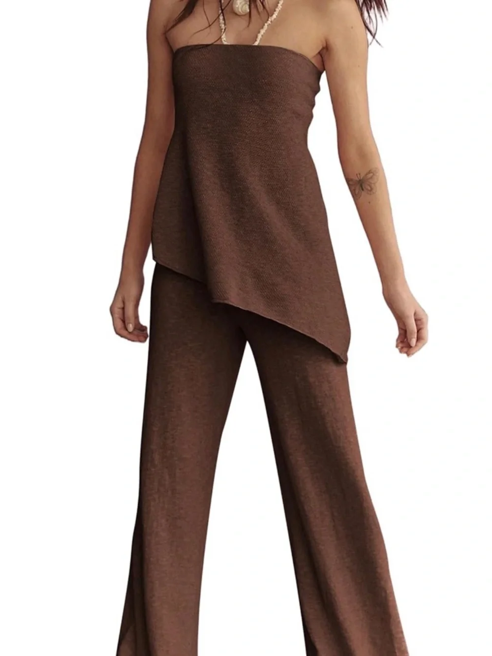 Strapless Brown Wide-Leg Knit Set - Picture 1 of 2